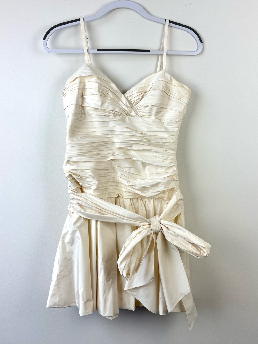BCBGMaxazria Silk Y2k Drop Waist Ruched Bow Tie Mini Dress Cream White